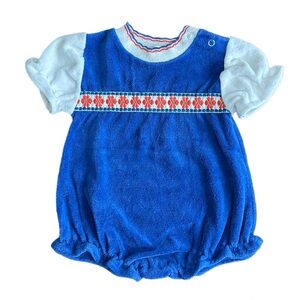 Vintage Healthtex Blue and White Velour Baby Romper Size 12M